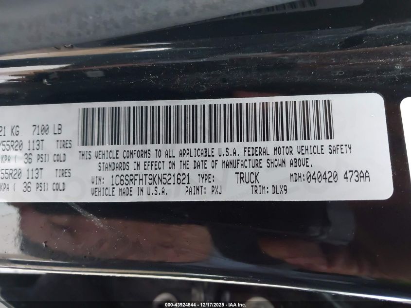 2019 Ram 1500 Limited 4X4 5'7 Box VIN: 1C6SRFHT9KN521621 Lot: 43924844