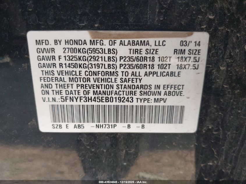 2014 Honda Pilot Ex VIN: 5FNYF3H45EB019243 Lot: 43924845