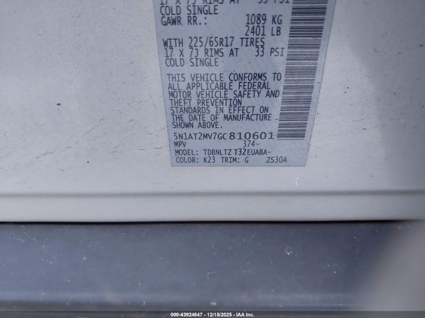 2016 Nissan Rogue Sv VIN: 5N1AT2MV7GC810601 Lot: 43924847