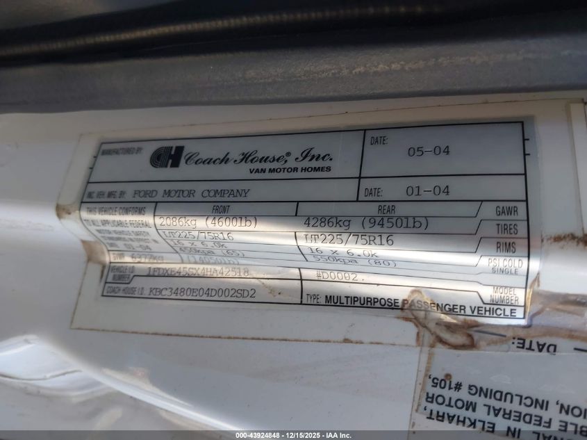 2004 Ford E-450 Cutaway Standard VIN: 1FDXE45SX4HA42518 Lot: 43924848