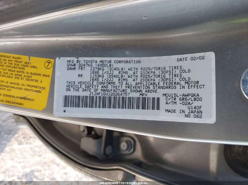 2002 Lexus Rx 300 VIN: JTJHF10U120264757 Lot: 43924849