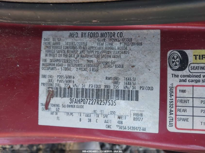 2007 Ford Fusion Se VIN: 3FAHP07Z27R257535 Lot: 43924851