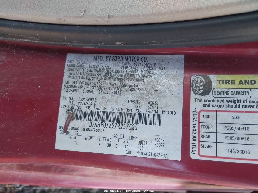 2007 Ford Fusion Se VIN: 3FAHP07Z27R257535 Lot: 43924851