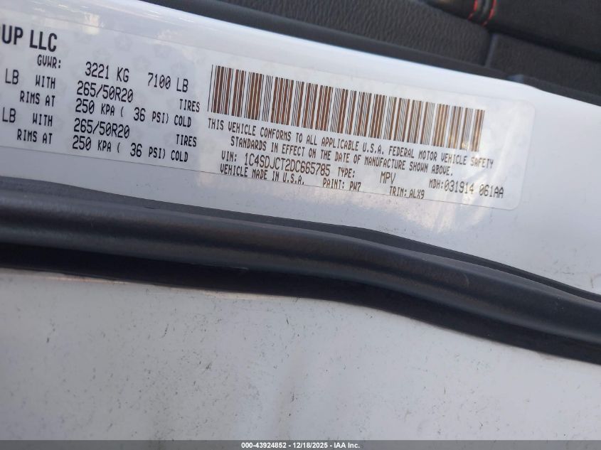 2013 Dodge Durango R/T VIN: 1C4SDJCT2DC665785 Lot: 43924852