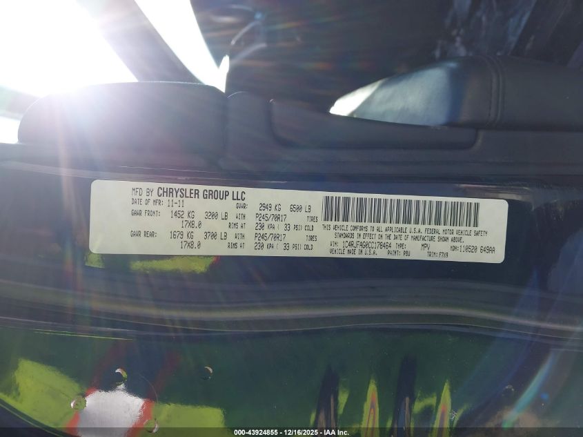 2012 Jeep Grand Cherokee Laredo VIN: 1C4RJFAG0CC178464 Lot: 43924855