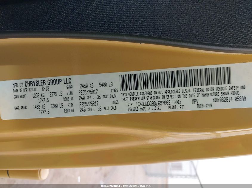 2013 Jeep Wrangler Unlimited Sport VIN: 1C4BJWDG8DL697602 Lot: 43924854