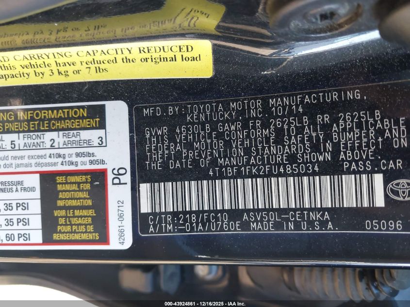 2015 Toyota Camry Le VIN: 4T1BF1FK2FU485034 Lot: 43924861