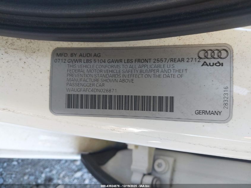 2013 Audi A6 2.0T Premium VIN: WAUGFAFC4DN026871 Lot: 43924876