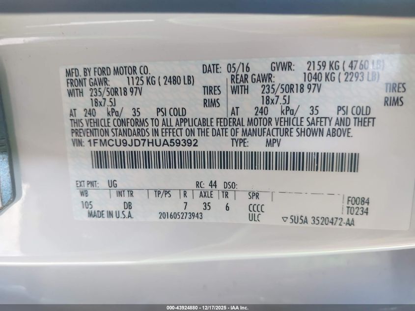 2017 Ford Escape Titanium VIN: 1FMCU9JD7HUA59392 Lot: 43924880