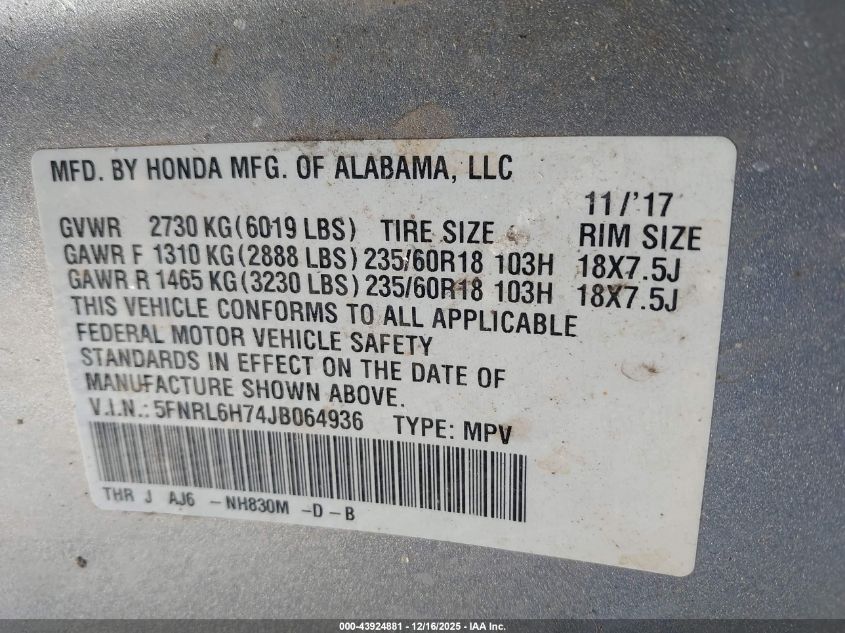 2018 Honda Odyssey Ex-L VIN: 5FNRL6H74JB064936 Lot: 43924881