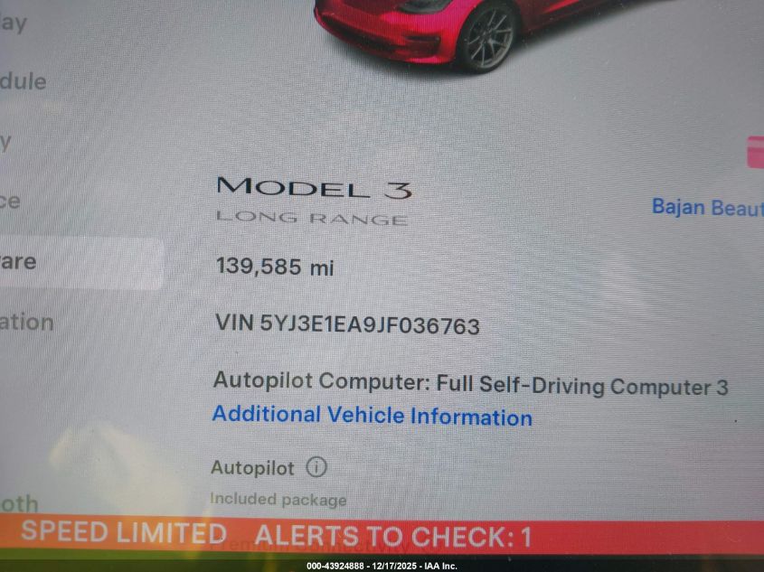 2018 Tesla Model 3 Long Range/Mid Range VIN: 5YJ3E1EA9JF036763 Lot: 43924888