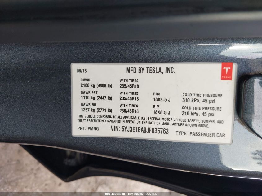 2018 Tesla Model 3 Long Range/Mid Range VIN: 5YJ3E1EA9JF036763 Lot: 43924888