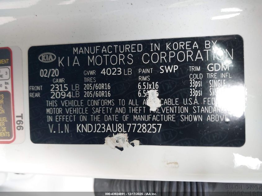 2020 Kia Soul Lx VIN: KNDJ23AU8L7728257 Lot: 43924891