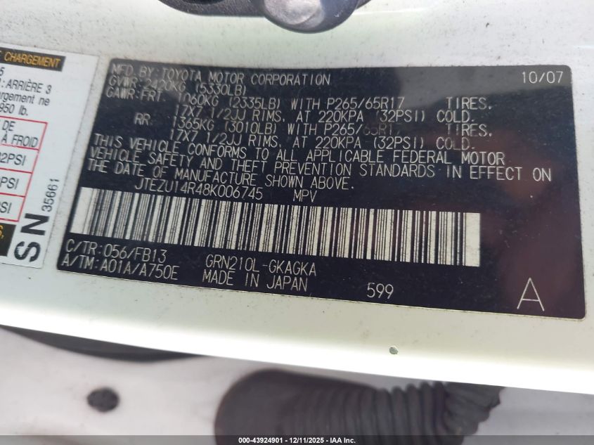 2008 Toyota 4Runner Sport V6 VIN: JTEZU14R48K006745 Lot: 43924901