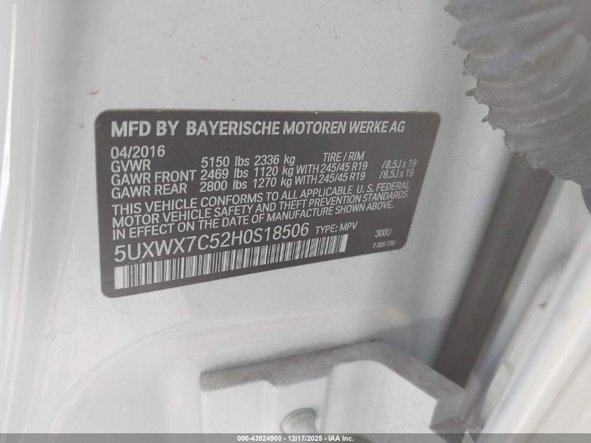 2017 BMW X3 xDrive35I VIN: 5UXWX7C52H0S18506 Lot: 43924900