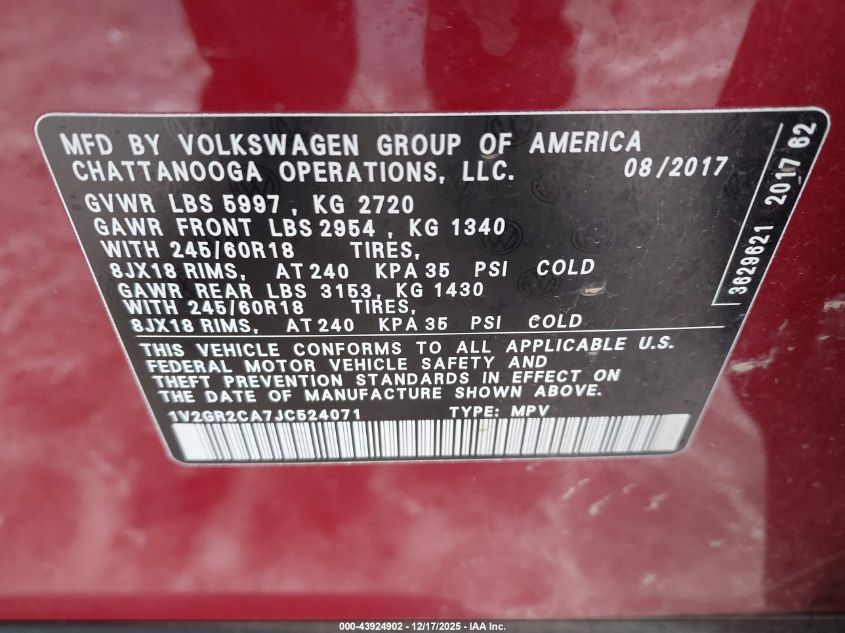 2018 Volkswagen Atlas 3.6L V6 S VIN: 1V2GR2CA7JC524071 Lot: 43924902