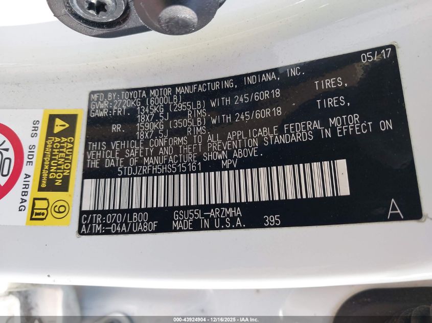 2017 Toyota Highlander Xle VIN: 5TDJZRFH5HS515161 Lot: 43924904