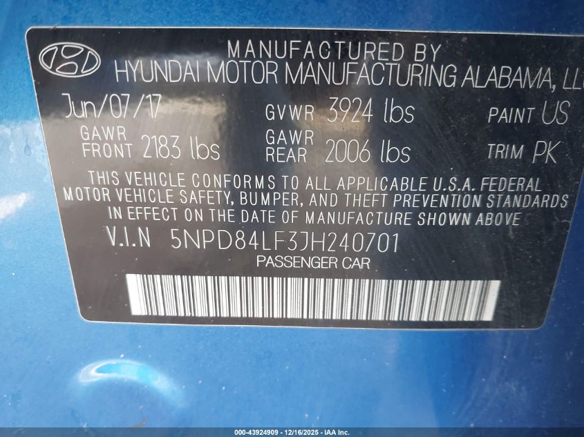 2018 Hyundai Elantra Sel VIN: 5NPD84LF3JH240701 Lot: 43924909