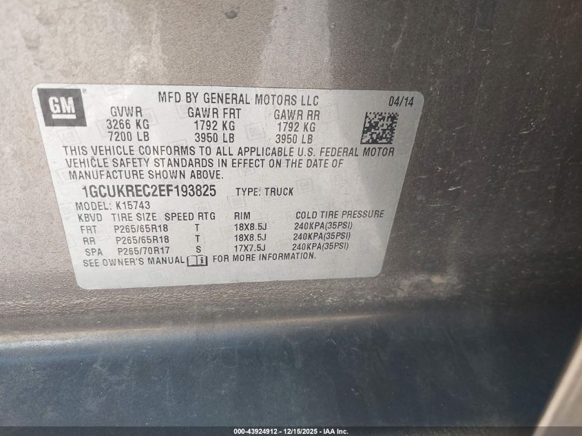 2014 Chevrolet Silverado 1500 2Lt VIN: 1GCUKREC2EF193825 Lot: 43924912