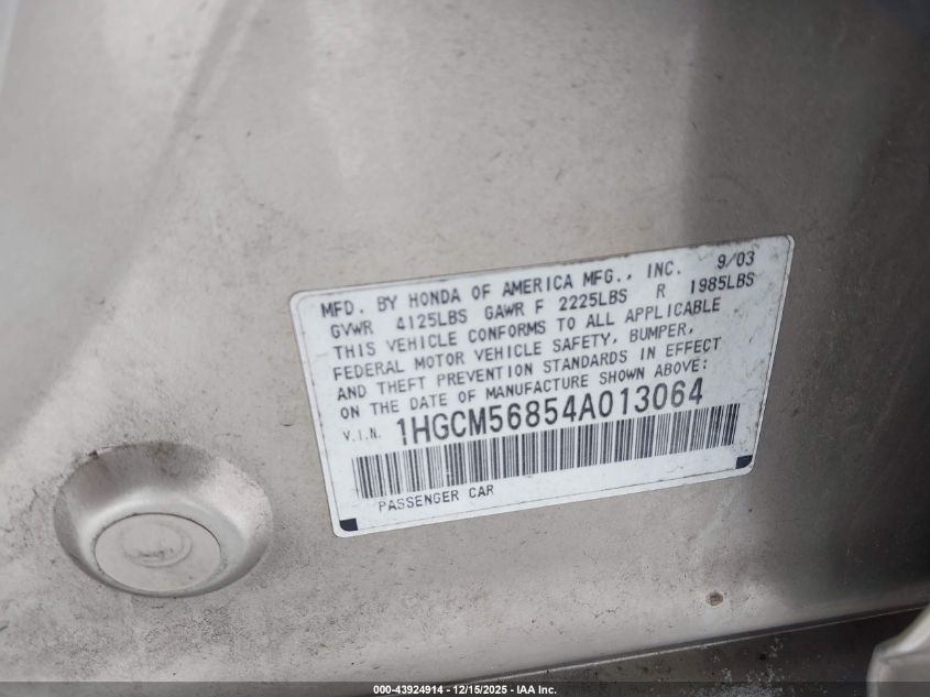 2004 Honda Accord 2.4 Ex VIN: 1HGCM56854A013064 Lot: 43924914