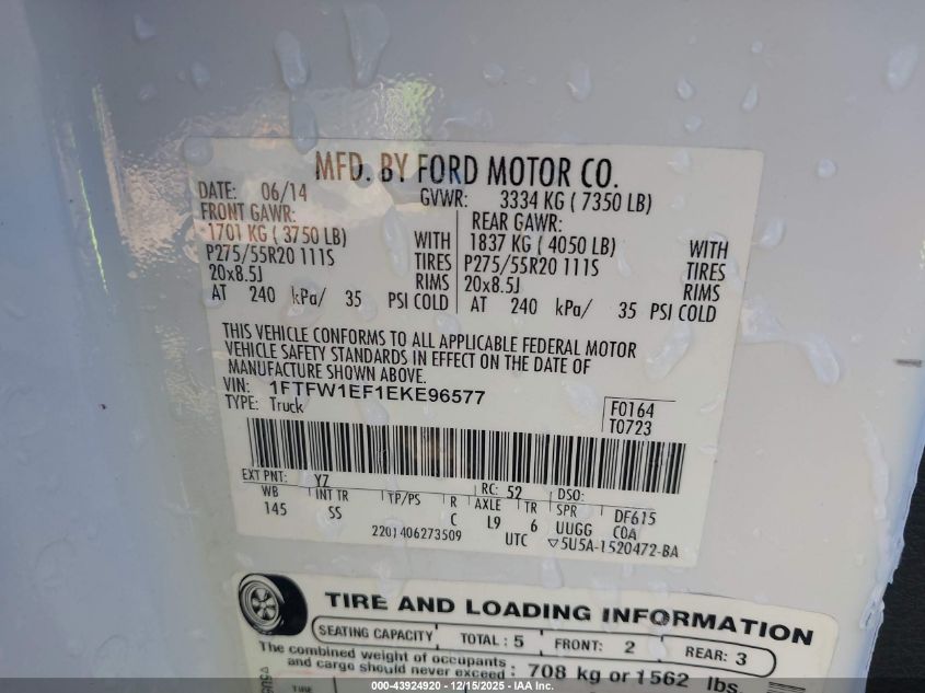 2014 Ford F-150 Stx VIN: 1FTFW1EF1EKE96577 Lot: 43924920