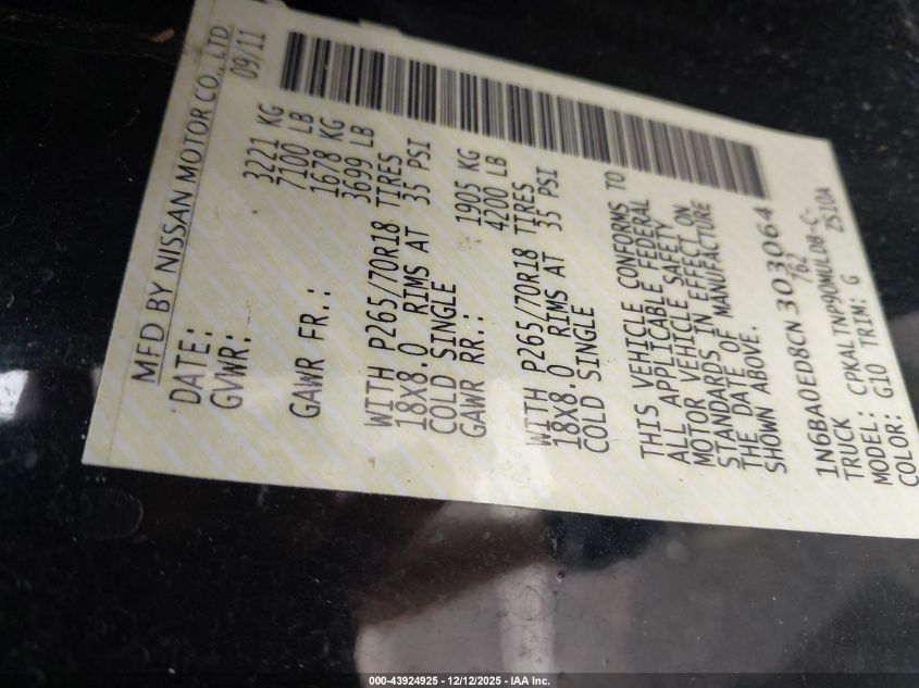 2012 Nissan Titan Sv VIN: 1N6BA0ED8CN303064 Lot: 43924925