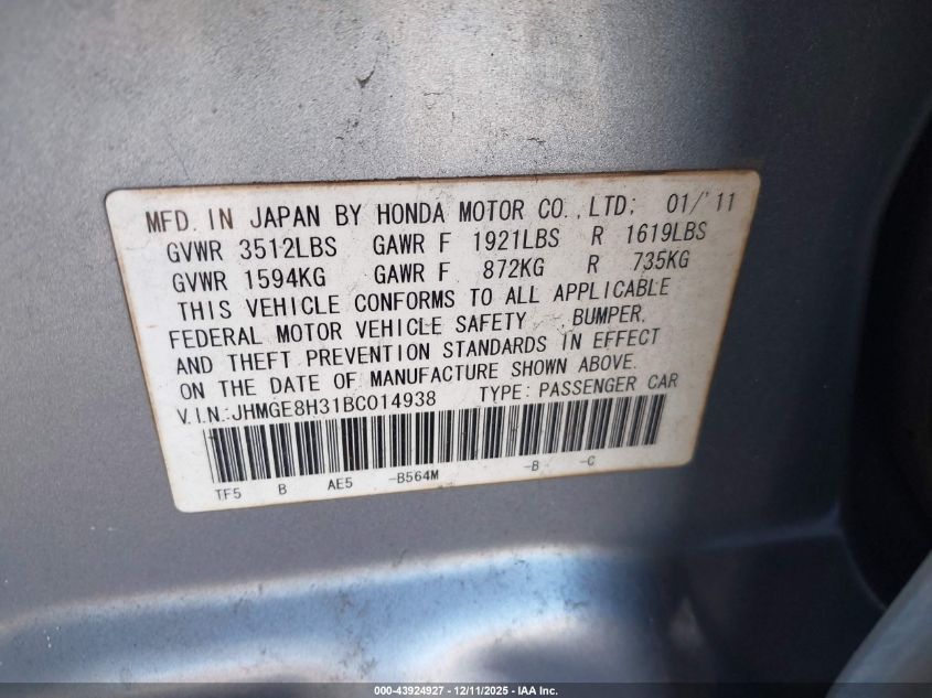 2011 Honda Fit VIN: JHMGE8H31BC014938 Lot: 43924927