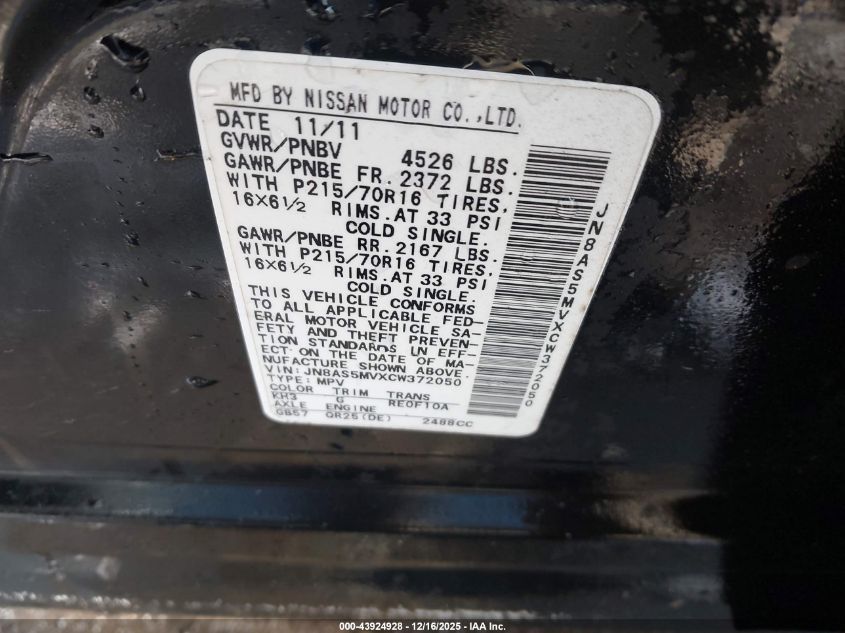 2012 Nissan Rogue S VIN: JN8AS5MVXCW372050 Lot: 43924928