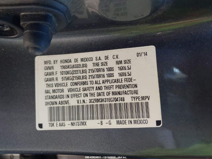 2014 Honda Cr-V Lx VIN: 3CZRM3H31EG704748 Lot: 43924931