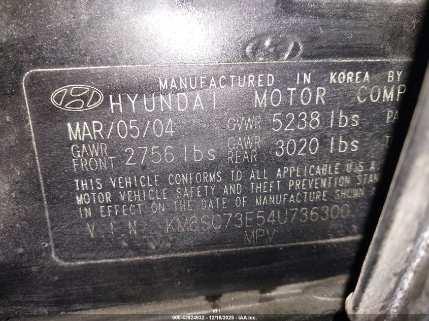 2004 Hyundai Santa Fe Gls/Lx VIN: KM8SC73E54U736300 Lot: 43924932