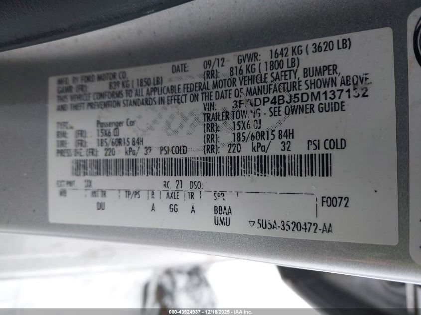 2013 Ford Fiesta Se VIN: 3FADP4BJ5DM137132 Lot: 43924937