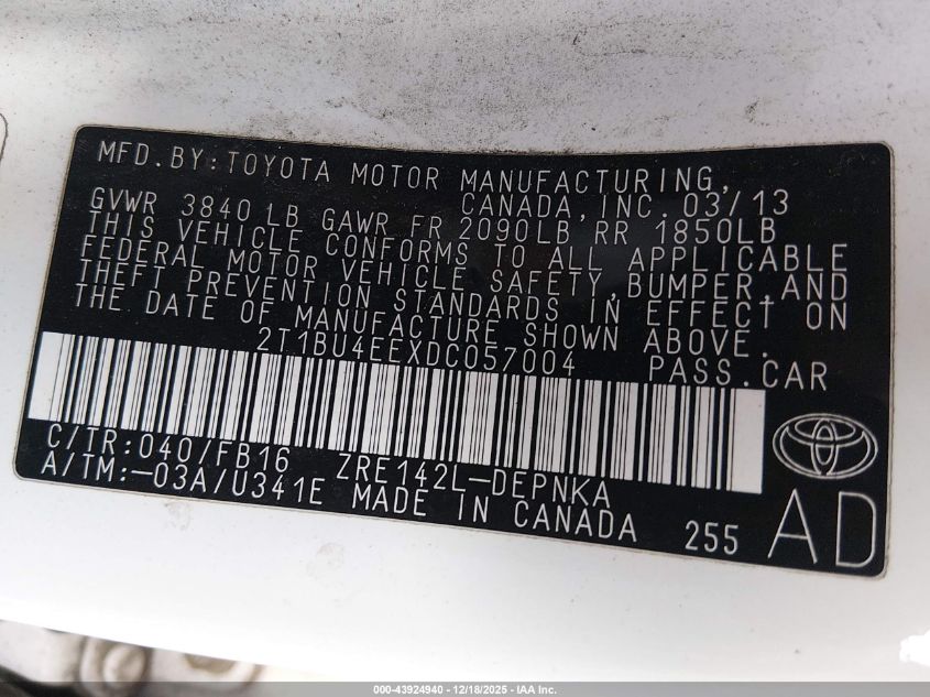 2013 Toyota Corolla Le VIN: 2T1BU4EEXDC057004 Lot: 43924940