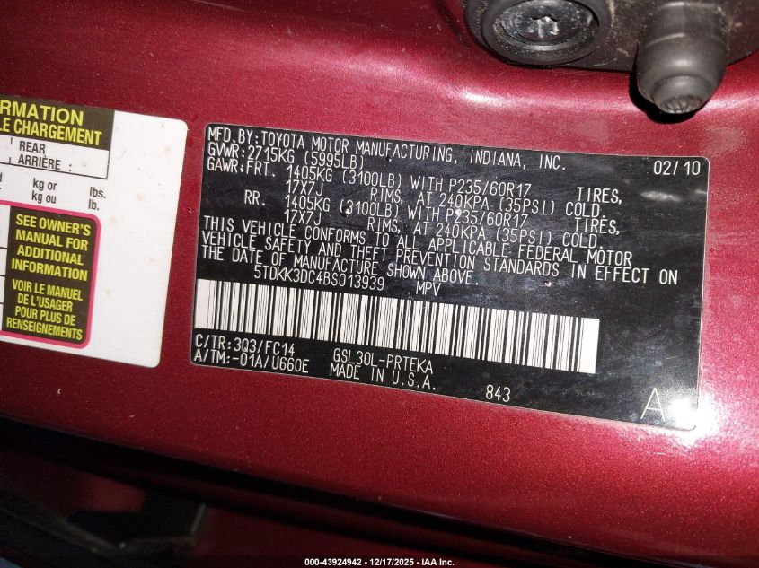 2011 Toyota Sienna Le V6 VIN: 5TDKK3DC4BS013939 Lot: 43924942