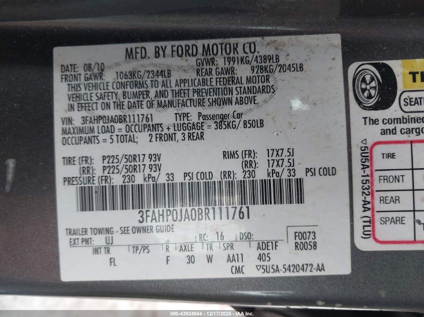 2011 Ford Fusion Sel VIN: 3FAHP0JA0BR111761 Lot: 43924944