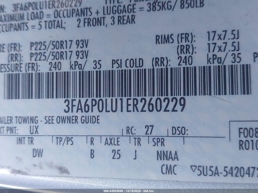 2014 Ford Fusion Hybrid Se VIN: 3FA6P0LU1ER260229 Lot: 43924946