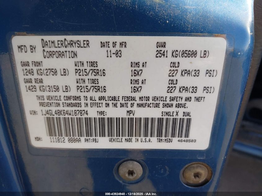 2004 Jeep Liberty Sport VIN: 1J4GL48K64W187874 Lot: 43924948