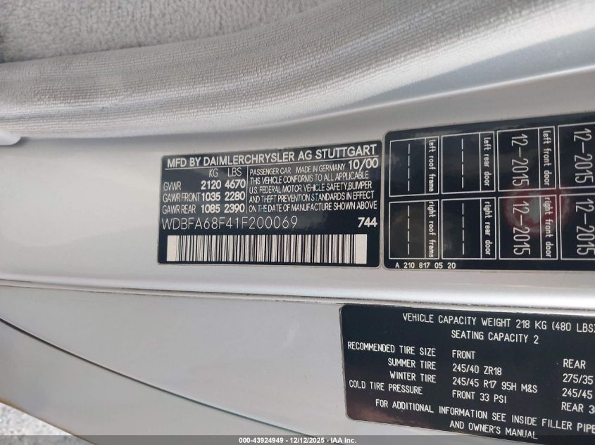 2001 Mercedes-Benz Sl 500 VIN: WDBFA68F41F200069 Lot: 43924949