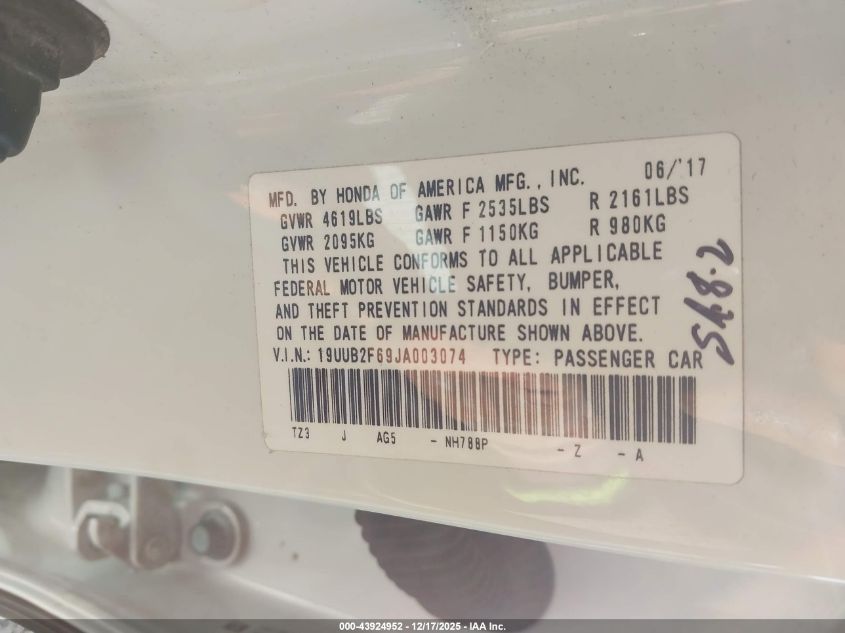 2018 Acura Tlx Tech A-Spec Pkgs VIN: 19UUB2F69JA003074 Lot: 43924952