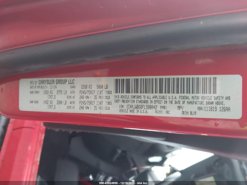 2015 Jeep Wrangler Wrangler X VIN: 1C4AJWBG8FL588042 Lot: 43924958