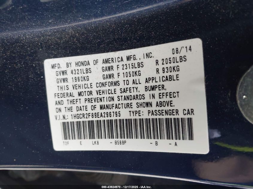 2014 Honda Accord Ex-L VIN: 1HGCR2F89EA296795 Lot: 43924970