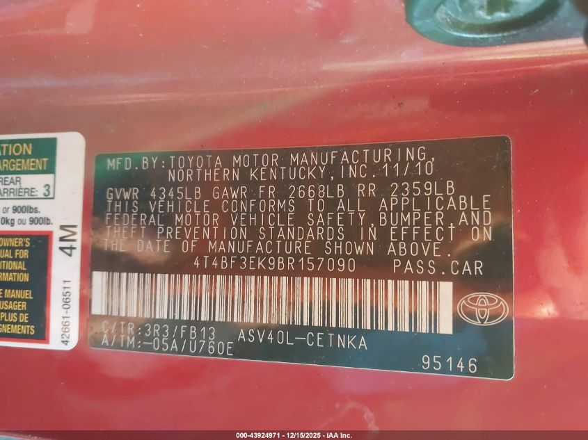 2011 Toyota Camry Le VIN: 4T4BF3EK9BR157090 Lot: 43924971