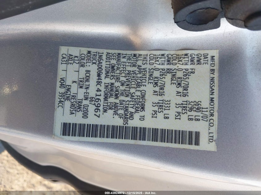 1N6AD06W48C416967 2008 NISSAN NAVARA (FRONTIER) photo no. 9