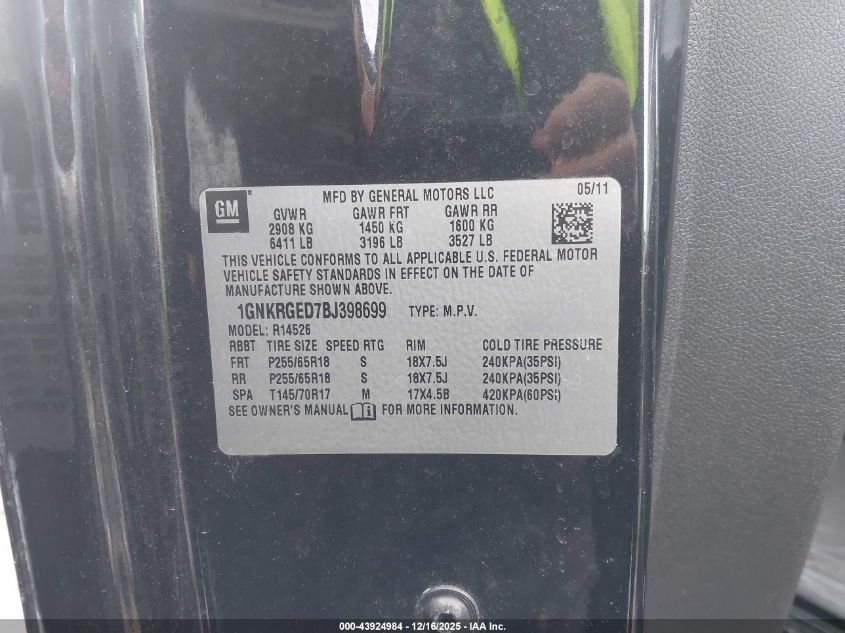 2011 Chevrolet Traverse 1Lt VIN: 1GNKRGED7BJ398699 Lot: 43924984