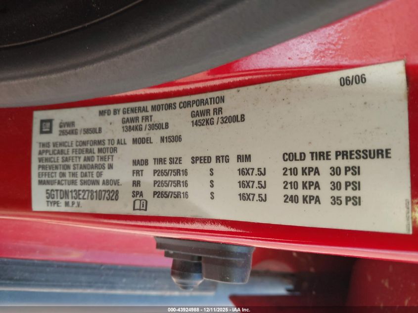 2007 Hummer H3 Suv VIN: 5GTDN13E278107328 Lot: 43924988