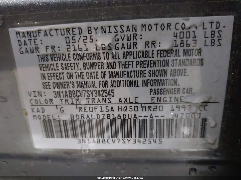 2025 Nissan Sentra Sv VIN: 3N1AB8CV7SY342545 Lot: 43924990