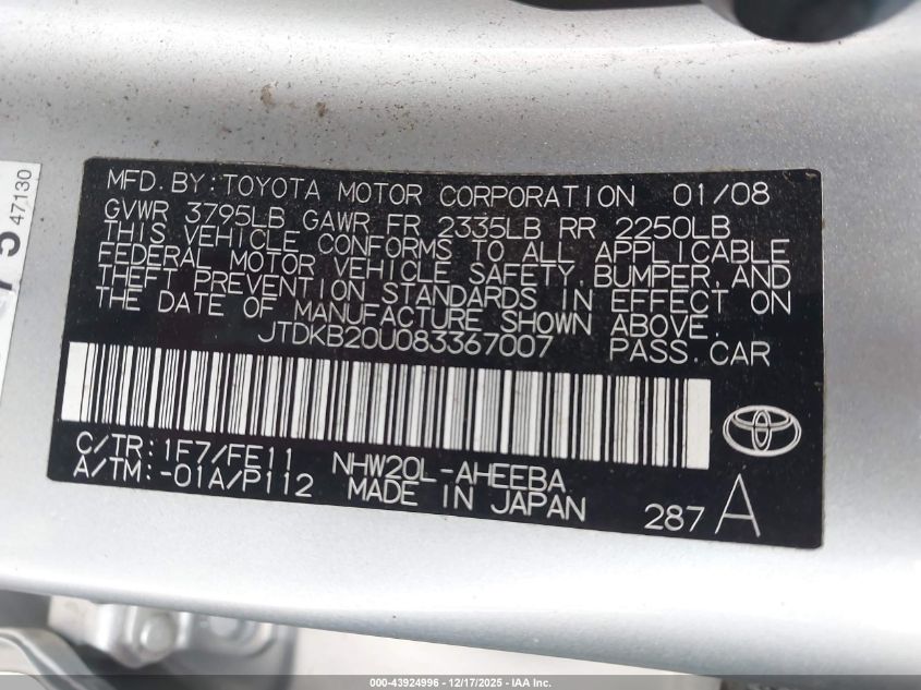 2008 Toyota Prius VIN: JTDKB20U083367007 Lot: 43924996