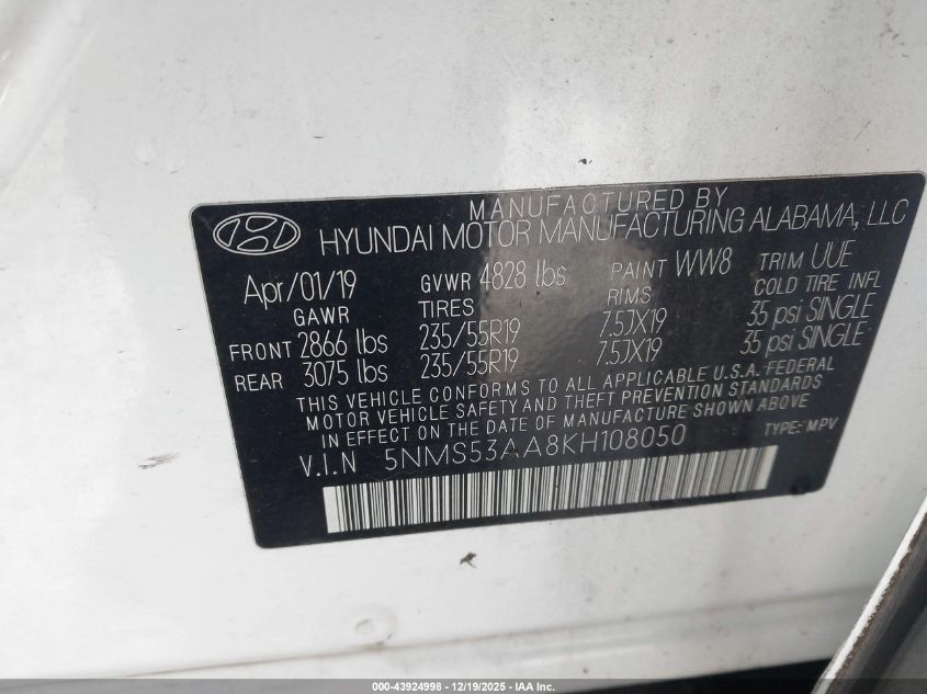 2019 Hyundai Santa Fe Limited 2.0T VIN: 5NMS53AA8KH108050 Lot: 43924998