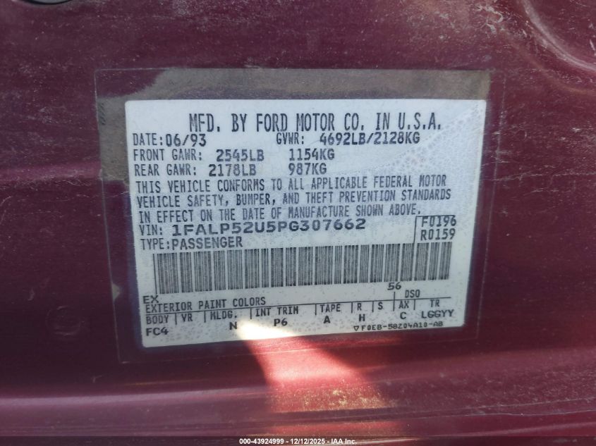 1993 Ford Taurus Gl VIN: 1FALP52U5PG307662 Lot: 43924999