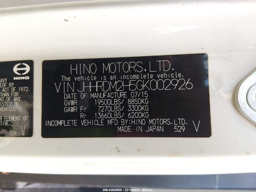 2016 Hino 195 VIN: JHHRDM2H5GK002926 Lot: 43925000