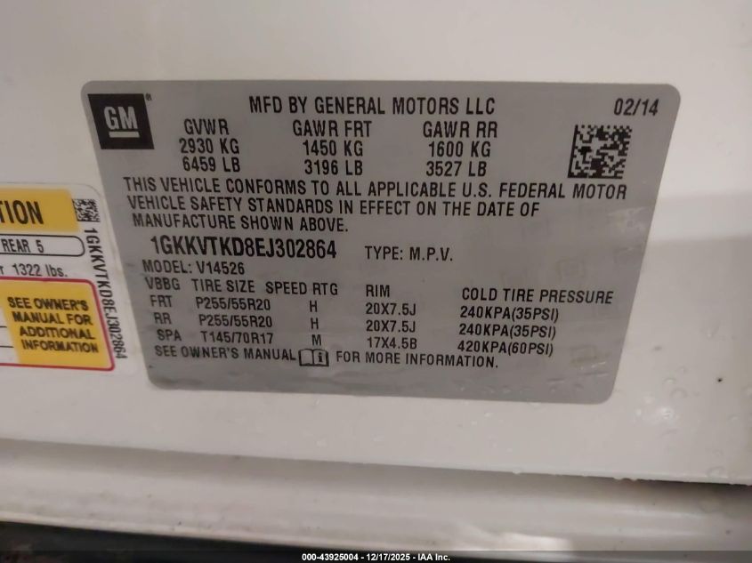 2014 GMC Acadia Denali VIN: 1GKKVTKD8EJ302864 Lot: 43925004